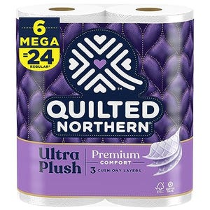 Pack of 6 Quilted Northern Ultra Plush toilet paper rolls with a claim of having the equivalent of 24 regular rolls and featuring 3 cushiony layers.