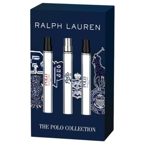 Ralph Lauren's The Polo Collection features three travel-sized fragrances in a dark blue box with an embroidered design.
