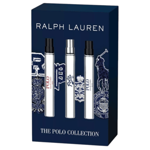 Ralph Lauren's The Polo Collection features three travel-sized fragrances in a dark blue box with an embroidered design.