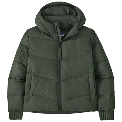 A dark green puffer jacket with a hood, featuring a front zipper and two diagonal pockets.