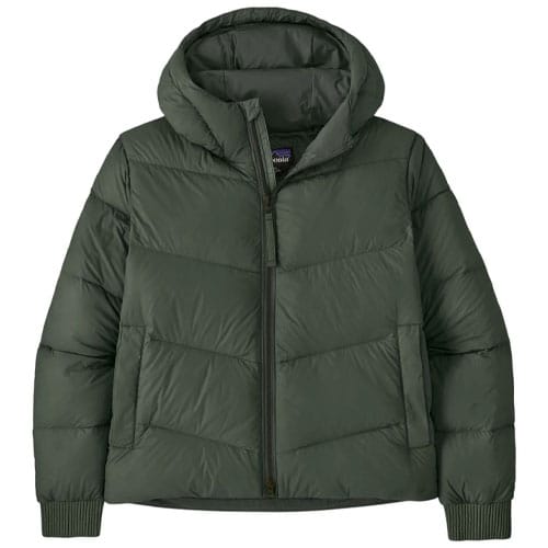 A dark green puffer jacket with a hood, featuring a front zipper and two diagonal pockets.