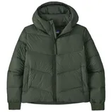 A dark green puffer jacket with a hood, featuring a front zipper and two diagonal pockets.