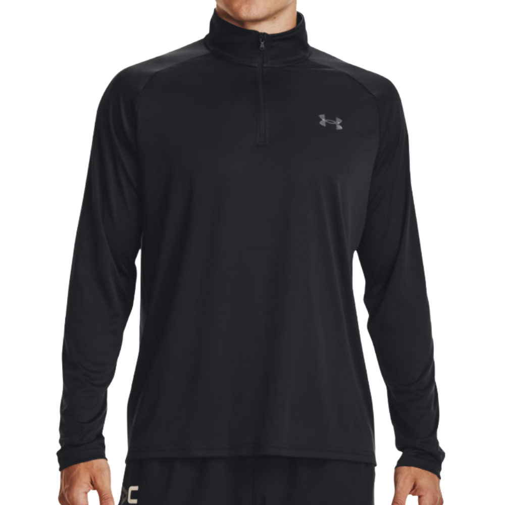 A black, long-sleeve, Under Armour quarter-zip pullover featuring a subtle logo on the chest.