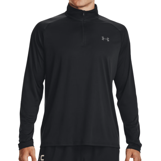 A black, long-sleeve, Under Armour quarter-zip pullover featuring a subtle logo on the chest.