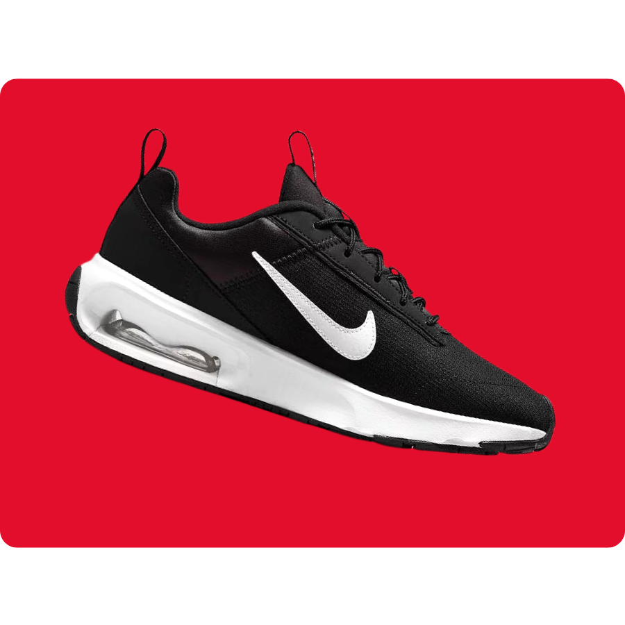 Black Nike sneaker with a white Swoosh logo and visible air cushion in the sole, set against a red background.