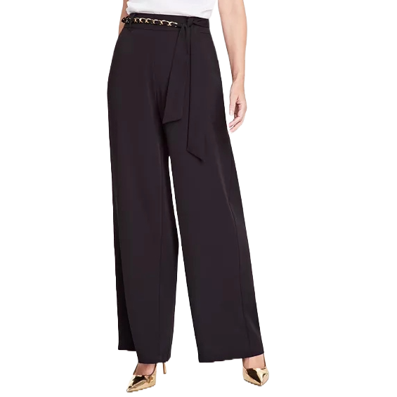 High-rise black pants with a wide-leg design, featuring a chain belt and a tie at the waist. The pants are paired with metallic pointed-toe heels.