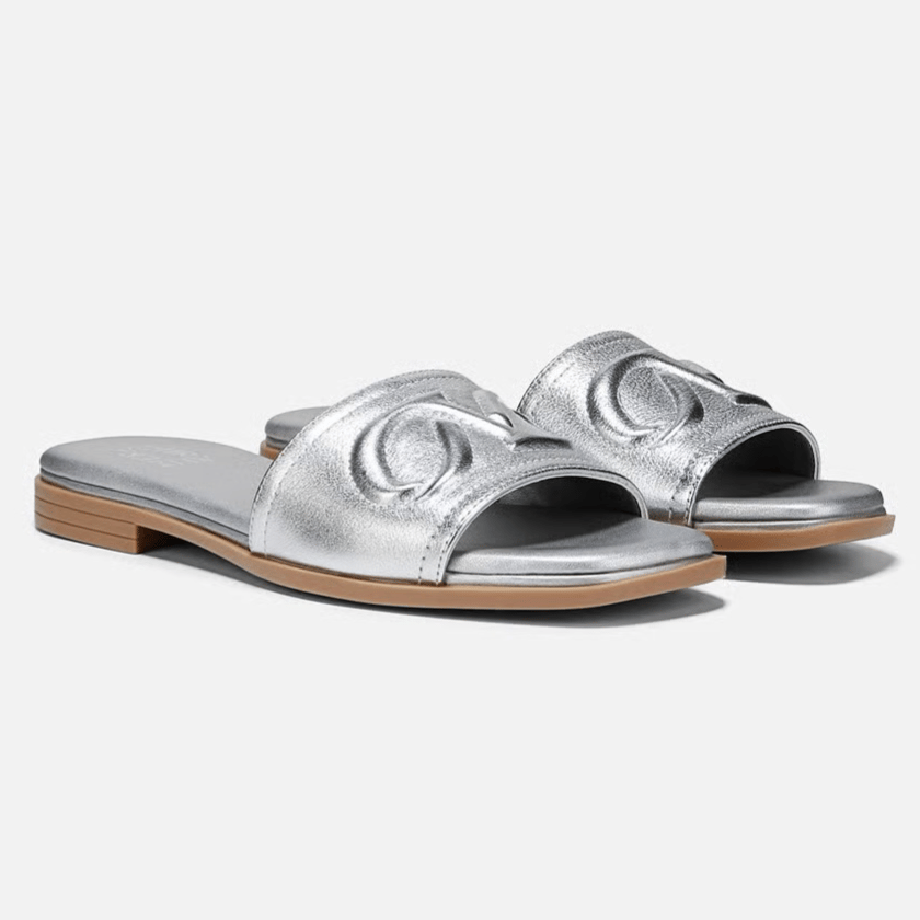 Silver flat slide sandals with a metallic finish, featuring an embossed logo on the strap and a natural-toned sole.