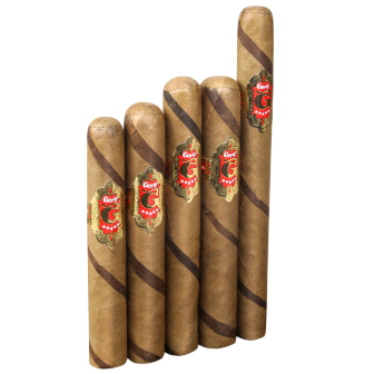 Five cigars with brown and dark brown diagonal stripes, featuring a red and gold label with the Graycliff logo.