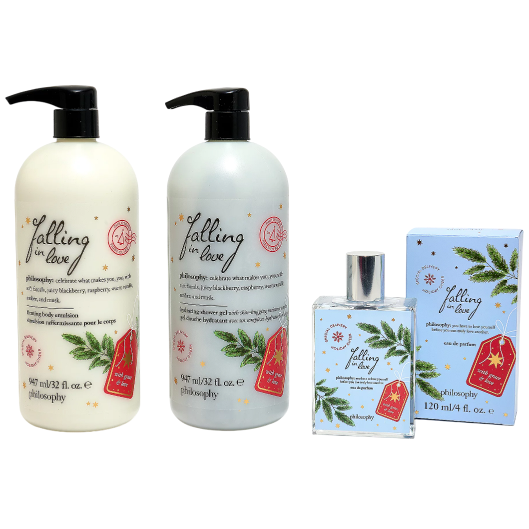 Philosophy \“Falling in Love\“ set includes a firming body emulsion, a shower gel, and an eau de parfum, featuring fruity and musky scents with notes of blackberry, raspberry, vanilla, amber, and musk.
