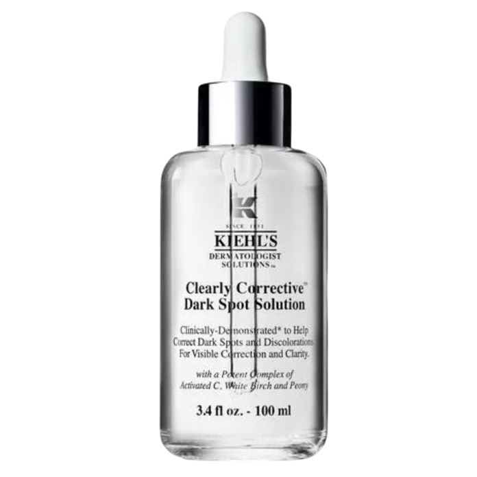Kiehl's Clearly Corrective Dark Spot Solution, 3.4 fl oz (100 ml), helps correct dark spots and discolorations with a complex of Activated C, White Birch, and Peony.