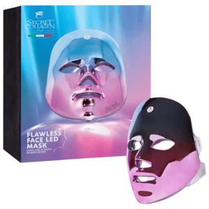 A Secret Collagen Flawless Face LED Mask, featuring a cordless and touchscreen design, is displayed in a shiny, metallic pink and silver color. The packaging emphasizes its skincare benefits.