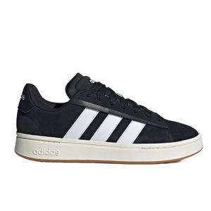 A black Adidas sneaker featuring three white stripes on the side, with a white sole and the Adidas logo on the heel.