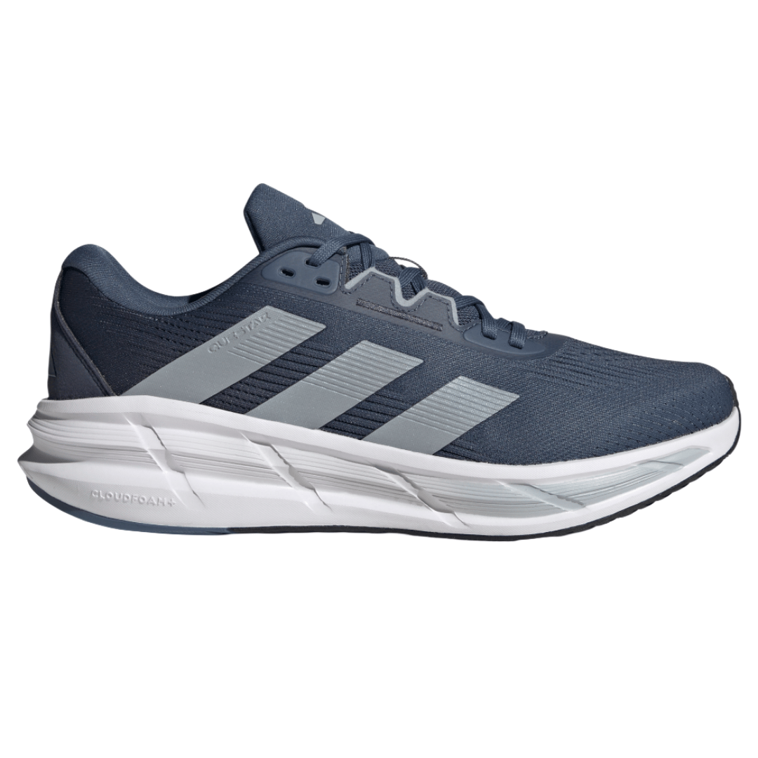 A navy blue athletic shoe with gray three-stripe branding, featuring a Cloudfoam midsole for comfort and a lightweight design.