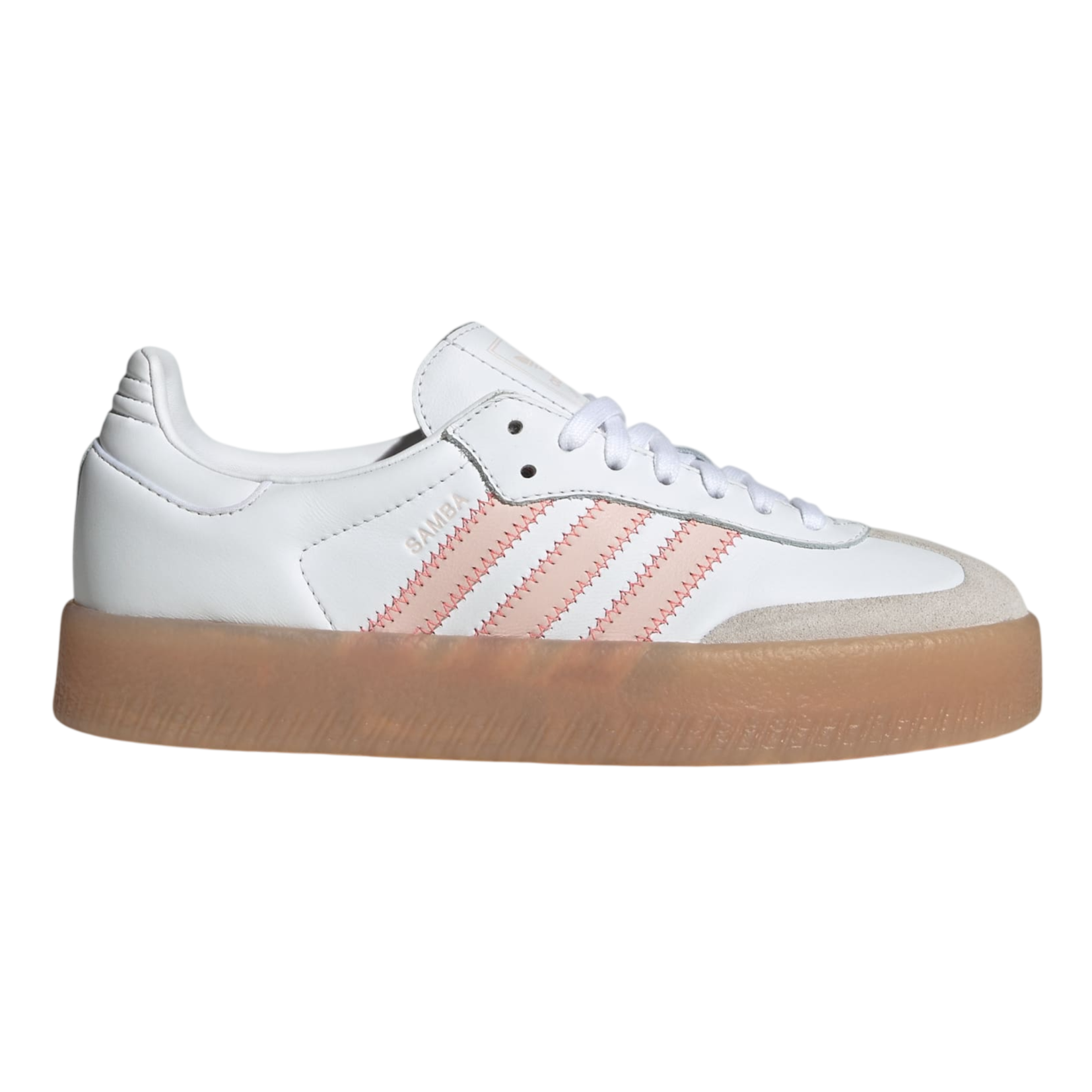 White sneaker with light pink zigzag stripes, white laces, and a translucent brown gum sole.