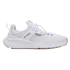 White Columbia athletic shoe with mesh upper, lace-up design, and textured sole for grip.