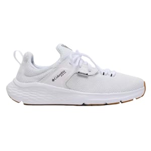 White Columbia athletic shoe with mesh upper, lace-up design, and textured sole for grip.