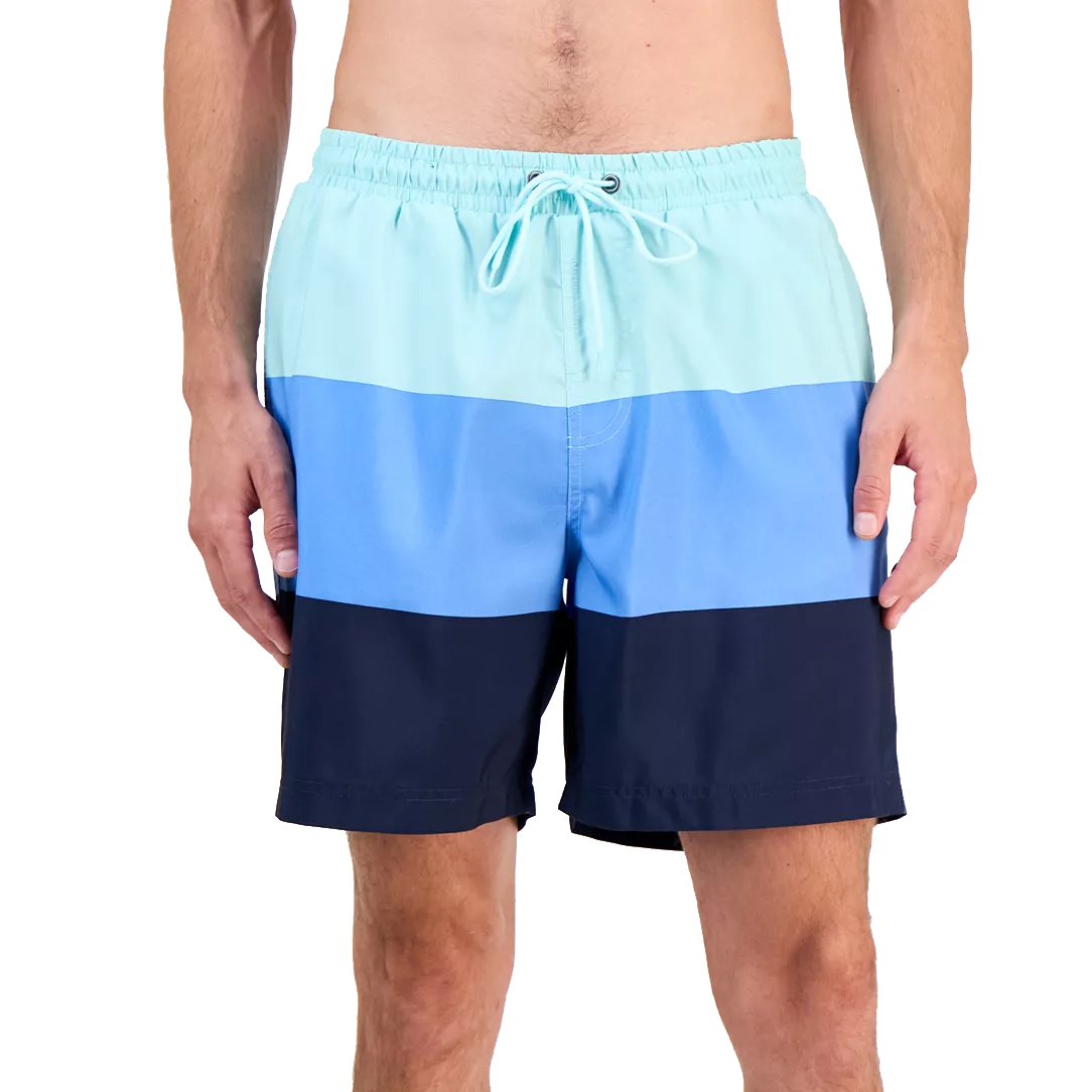 Men's swim trunks with a drawstring waistband, featuring horizontal color blocks in light blue, medium blue, and dark navy.
