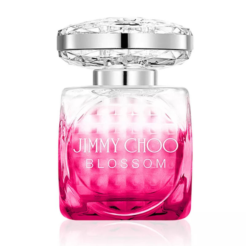 Jimmy Choo Blossom is a women's fragrance in a pink gradient glass bottle with a faceted, crystal-like cap.