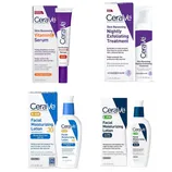 CeraVe skincare items: Skin Renewing Vitamin C Serum, Skin Renewing Nightly Exfoliating Treatment, AM Facial Moisturizing Lotion SPF 30, and PM Facial Moisturizing Lotion.