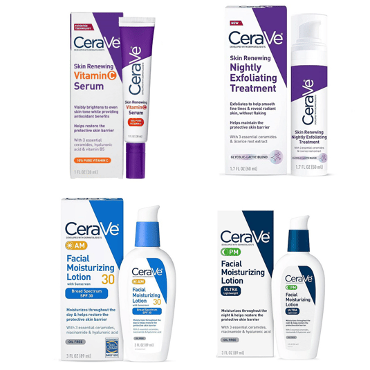 CeraVe skincare items: Skin Renewing Vitamin C Serum, Skin Renewing Nightly Exfoliating Treatment, AM Facial Moisturizing Lotion SPF 30, and PM Facial Moisturizing Lotion.