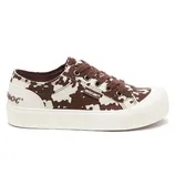 Brown and white camouflage canvas sneaker with rubber sole, featuring brand name on the side and heel tag.
