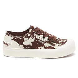Brown and white camouflage canvas sneaker with rubber sole, featuring brand name on the side and heel tag.