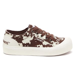 Brown and white camouflage canvas sneaker with rubber sole, featuring brand name on the side and heel tag.