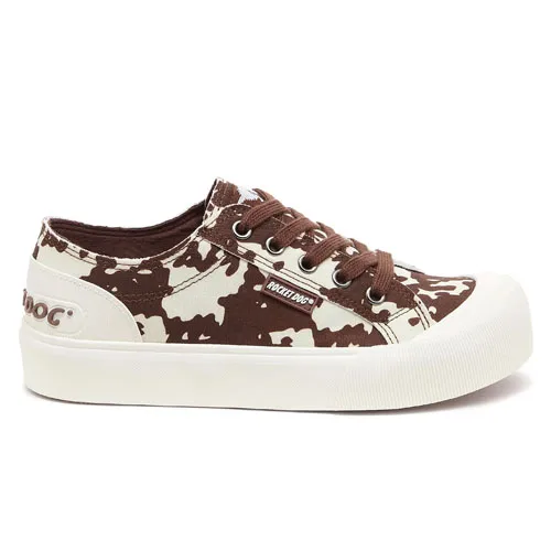 Brown and white camouflage canvas sneaker with rubber sole, featuring brand name on the side and heel tag.