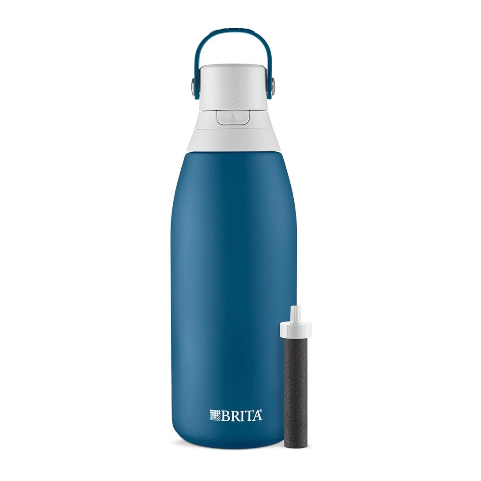 A blue Brita water bottle with a built-in water filter and a replaceable filter cartridge is shown.