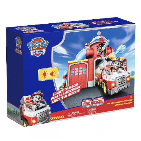 PAW Patrol Fire Rescue playset featuring a fire station, fire truck, and Marshall character, designed for imaginative play with sound effects and interactive elements.