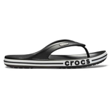 Black Crocs flip-flop with a white-striped sole and \“crocs\“ branding on the side.
