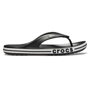 Black Crocs flip-flop with a white-striped sole and \“crocs\“ branding on the side.