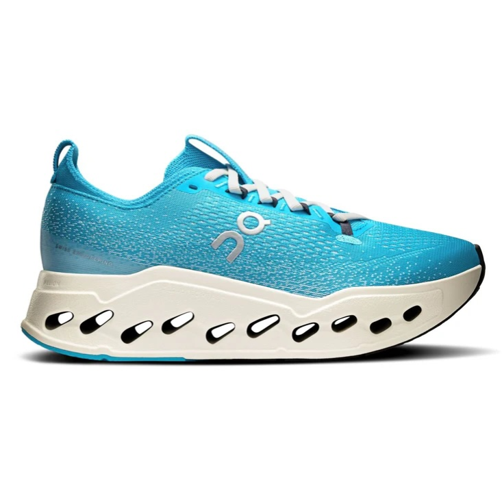 Blue athletic running shoe featuring a distinctive perforated midsole design and lace-up closure, known for its lightweight and breathable material.