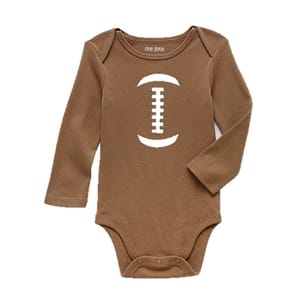 Brown baby onesie with a white football design printed on the front, featuring long sleeves and snap closures at the bottom.