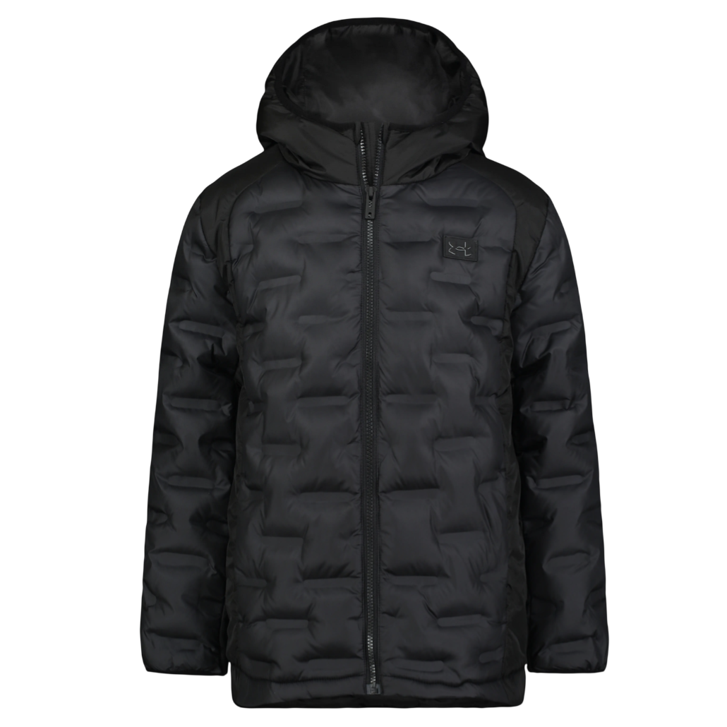 Black hooded puffer jacket with a front zipper and subtle logo on the chest.