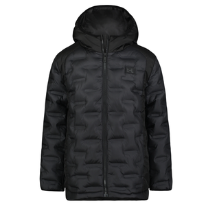 Black hooded puffer jacket with a front zipper and subtle logo on the chest.