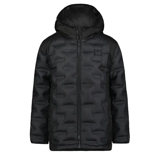 Black hooded puffer jacket with a front zipper and subtle logo on the chest.