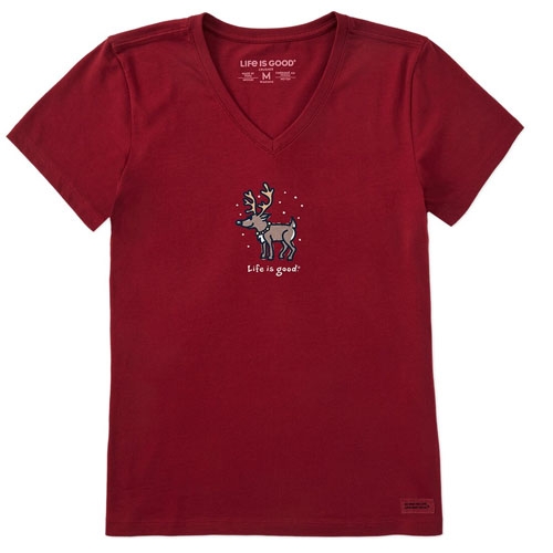 Red V-neck T-shirt featuring a graphic of a reindeer with snowflakes and the text \“Life is good.\“