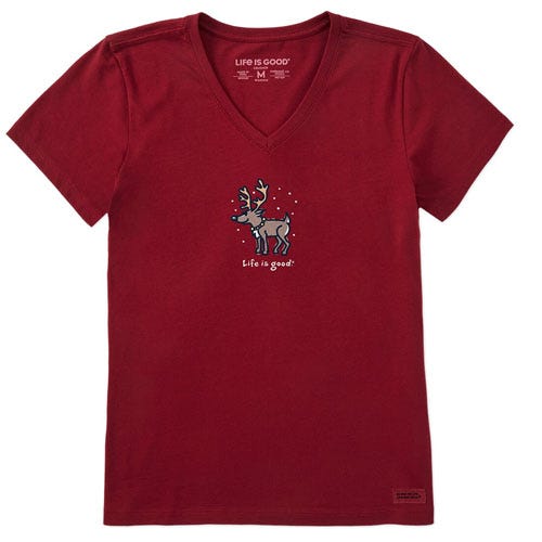 Red V-neck T-shirt featuring a graphic of a reindeer with snowflakes and the text \“Life is good.\“