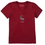 Red V-neck T-shirt featuring a graphic of a reindeer with snowflakes and the text \“Life is good.\“