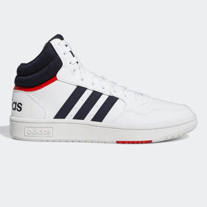 White Adidas high-top sneaker with navy stripes and red detailing on the heel.