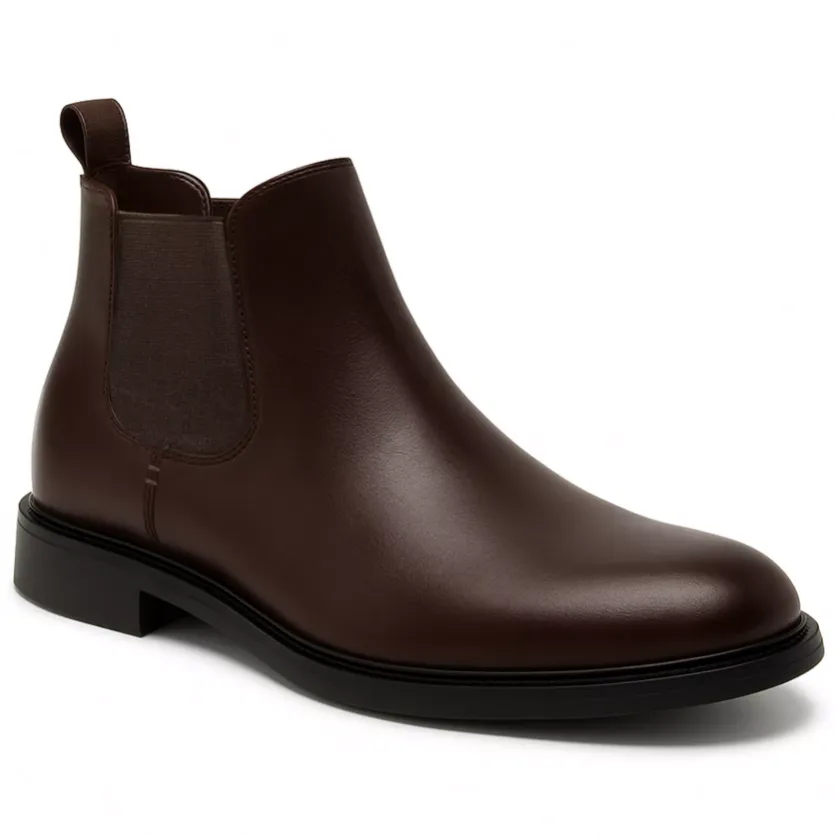 Dark brown leather Chelsea boot with elastic side panels and a pull tab.