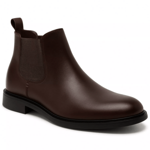 Dark brown leather Chelsea boot with elastic side panels and a pull tab.