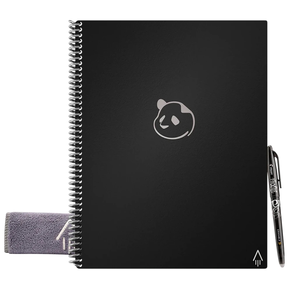 Reusable black notebook with a spiral binding, featuring a panda design on the cover. Accompanied by a pen and a small towel.