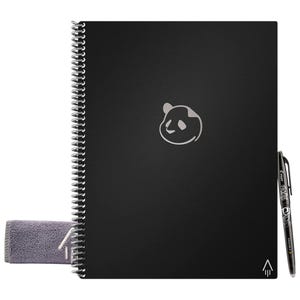 Reusable black notebook with a spiral binding, featuring a panda design on the cover. Accompanied by a pen and a small towel.
