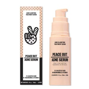 Peace Out Acne Serum, an acne clarifying treatment with 2% salicylic acid, niacinamide, and vitamin C, designed to treat and heal blemishes within 24 hours, available in a 1 fl. oz. (30 ml) lotion pump bottle.