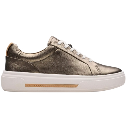 Clarks Hollyhock Shoes Metallic are low-top sneakers featuring a shiny metallic finish, lace-up design, and a thick white sole with subtle tan accents.