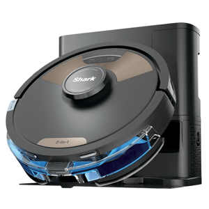 Shark 2-in-1 robot vacuum and mop with docking station, featuring a mobile app interface displaying room mapping and cleaning controls.