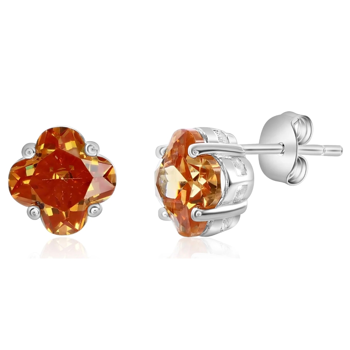 Silver studs with an orange, clover-shaped gemstone centerpiece set in a claw setting. The earrings have a butterfly back for securing.