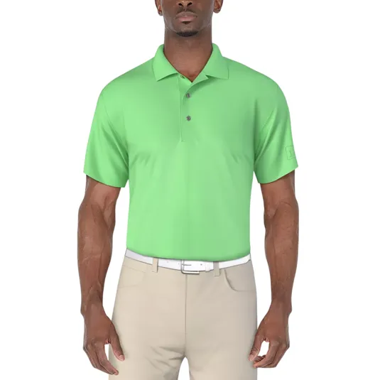 A man wearing a light green short-sleeve polo shirt and beige pants with a white belt.